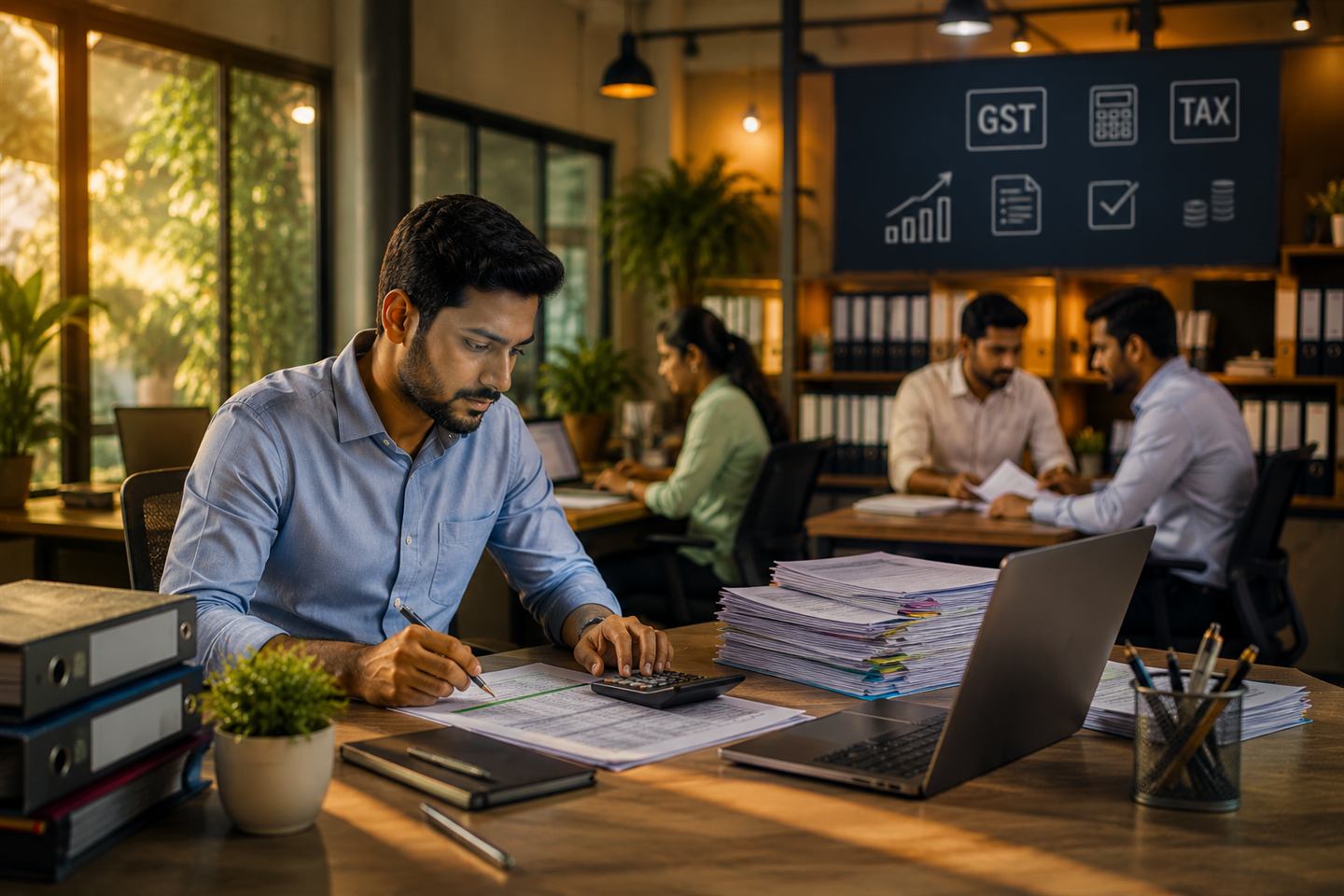 An accountant reviewing GST invoices at a desk