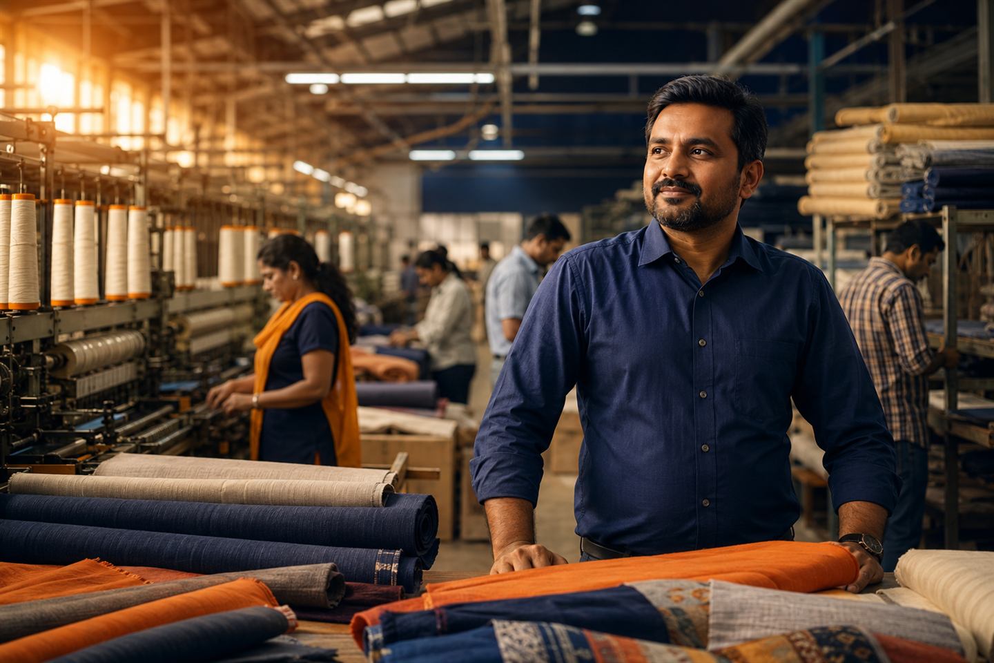 A manufacturer checking stock and dashboard on the floor