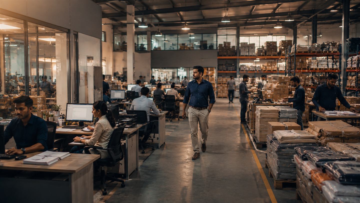 A modern trading office and warehouse floor